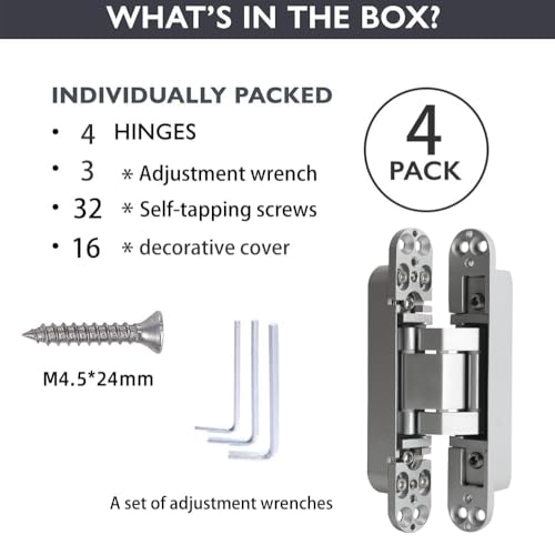 4-Pack 6 inch Hidden Door Hinges Heavy Duty Silver, Invisible Concealed Hinges Zinc Alloy 6''x 2.5''x1Inch, 180 Degree Swing Hinge, 3 Way Adjustable Hinge with Pins and Screws - color: Silver, size: 6 Inch