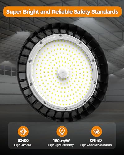 AIKVSXER 180W UFO High Bay Light 32400LM 6000K, 1-10V Dimmable Shop Lights