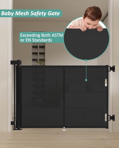 Miumoon 50 inch Reinforced Retractable Baby Gates 34 inch Tall - color: Black, size: 34" Tall x 50" Wide