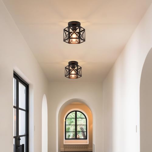 Black Flush Mount Ceiling Light,Hallway Light Ceiling Mount,Industrial Vintage Metal Cage Close to Ceiling Lights for Kitchen,Farmhouse,Bedroom - color: 8.26" Ceiling Light, size: 1 PACK