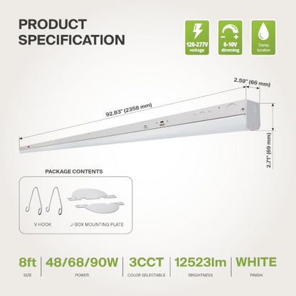ASD 8ft LED Linear Strip Light Fixture, Emergency Battery Backup - color: White | Emergency, size: 8FT