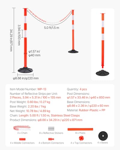 VEVOR 4 Pack Traffic Delineator Posts, 34 in Traffic Safety Cones with Weighted Base, Reflective Strips and Chain, Heavy Duty Delineator Posts for Construction Site, Parking Lot, Crowd Control, Red - size: 4 Pack