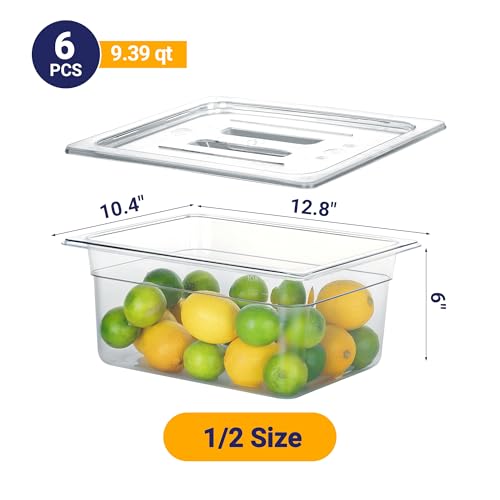 BIEAMA 6 Pack 1/2 Size 6" Deep NSF Polycarbonate Food Pans with Lids - color: 1/2 Size, size: 6" Deep
