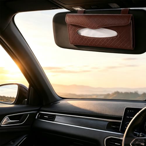 Car Visor Tissue Holder, Clip-on, Large Opening, PU Leather, Brown - color: Brown
