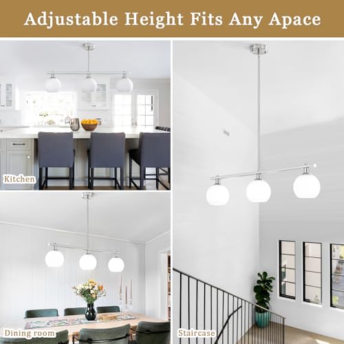 3 Lights Linear Pendant Light Kitchen Island Lighting with Milk Glass Shade, Modern Farmhouse Chandelier, Brushed Nickel Chandelier for Dining Room Light Fixture for Over Island Over Table Bar - color: Brushed Nickel