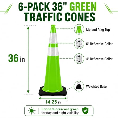 BESEA 6 Pack 36 Inch Green Traffic Cones with Wide Weighted Base - size: 36 inch