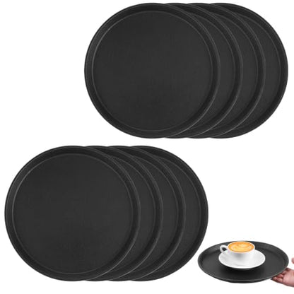 8 Pieces 11 Inch Black Round Plastic Serving Trays, Non Slip Surface Restaurant Serving Trays with Raised Edges, Food Drink Meals Server Tray for Home Kitchen Cafeteria Bar Hotel