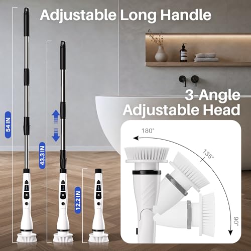 JOYMOOP Electric Spin Scrubber, Cordless Cleaning Brush 450 RPM with 100-Min Runtime, IPX7 Waterproof Power Scrubber with 8 Brush Heads, Adjustable Long Handle for Bathroom, Floor, Tile, Kitchen - color: White&black, size: 8 replacement Heads