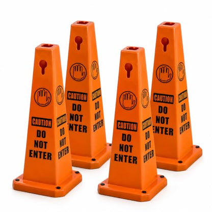 BESEA 4Pack Red Cones Caution DO NOT Enter Sign 4-Sided Heavy Duty Traffic Cones with Weighted Base for Restricted Areas, Construction Zones, Private Property - color: Red, size: 26.5INCH With Caution Sign