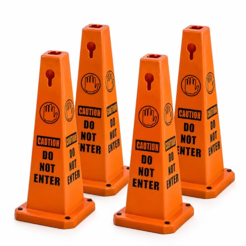 BESEA 4Pack Red Cones Caution DO NOT Enter Sign 4-Sided Heavy Duty Traffic Cones with Weighted Base for Restricted Areas, Construction Zones, Private Property - color: Red, size: 26.5INCH With Caution Sign