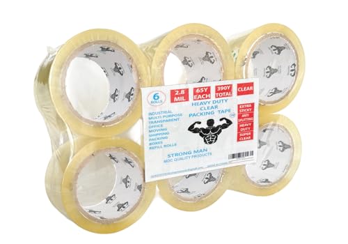 Strong Man Heavy Duty Packing Tape, 6 Rolls of 2.8 mil x 1.88 in x 65 Yards, Ultra Strong, Super Clear, Refill for Packaging and Shipping Supplies,