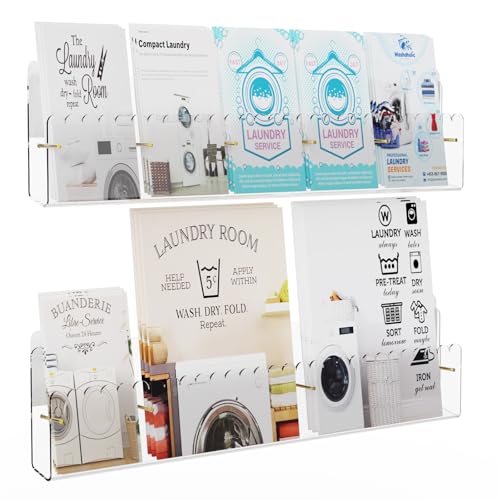 Brochure Holder Wall Mount, 2 Pack Acrylic Modular Flyer with Adjustable Magnetic Golden Bolt, Wavy Lace Pamphlet Display Stand for Organizer Trifold Flyer, Document, Leaflet, 5 Slots - color: 5 Slots