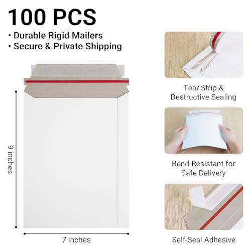 Mukawa 7 x 9 Inches Rigid Mailers, 100 Pack Self Seal Cardboard Mailing Envelopes. Shipping Photo, Document, Trading Card & CD Mailers for Small Business, Office & Collectors