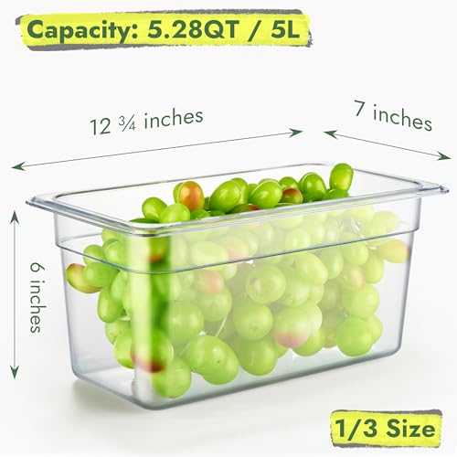 CURTA 6-Pack 1/3 Size 6" Deep NSF Polycarbonate Food Pans with Handled Lids & Drain Trays | Dishwasher & Freezer Safe Clear Container for Prep Tables, Buffet, Salad Bar, Commercial & Home Kitchen - color: 1/3 Size, size: 6" Deep Pan with Lid