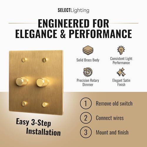 SELECT 2 Gang Solid Brass Rotary Dimmer Switch, 3-Way & 1-Way Compatible - color: Satin Brass, size: 2 Gang, style: 1/3-Way Dimmer