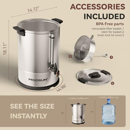 100-Cup Commercial Coffee Maker Hot Water Urn, 4 Gallon Large Capacity Hot Drink Dispenser, 1500W Quick Brew for Catering Events, Stainless Steel