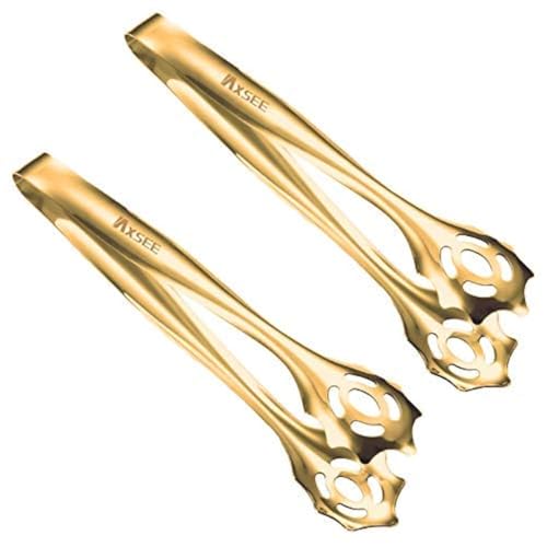 2-Pack 9 Inch Stainless Steel Gold Salad Tongs, Non-slip & Easy Grip Smart Locking Clip Handy Utensil for Cooking, Serving, Barbecue, Buffet, Salad, Ice, Oven…