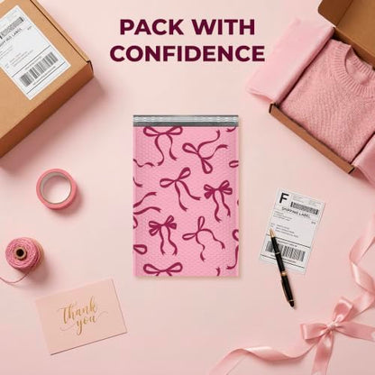 Pink Bow Bubble Mailers 4x8, Designer Padded Envelopes #000, 500 Pack Bulk - color: Pink Bow, size: 4"x8" / 500 Pack