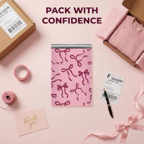 Pink Bow Bubble Mailers 4x8, Designer Padded Envelopes #000, 500 Pack Bulk - color: Pink Bow, size: 4"x8" / 500 Pack