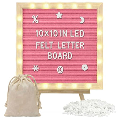 10 x 10 Inches Felt Letter Board & LED Light, Pink, Natural Wood - color: Pink, size: 10 x 10 Inches, style: Natural Wood