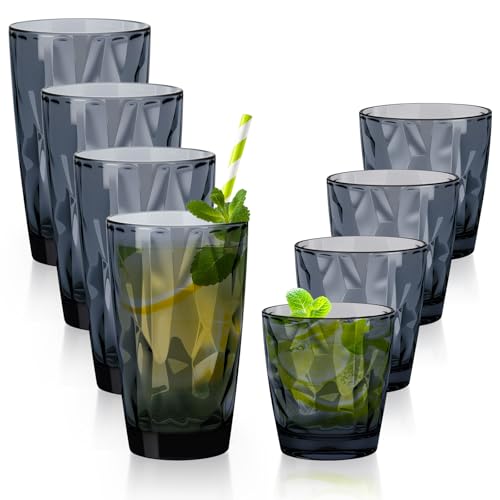 Topsky Plastic Tumblers Reusable,Shatter Proof Cups Drinking Glasses,Unbreakable Plastic Tumblers Beverage Acrylic Juice Wine Cups for Home Picnic Party,Dishwasher Safe,Stackable|10-oz&16-oz|Gray - color: Grayish Blue 8pcs