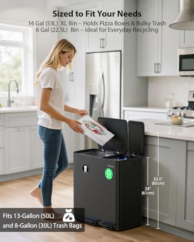 Lovewind Dual Trash Can, 14 + 6 Gallon Garbage Can for Kitchen Dual Compartment Recycling Kitchen Step Trash Bin, Stainless Steel Trash and Recycle Bin Combo with Soft-Close Lid, Black - color: Black, size: 14 + 6 Gallon
