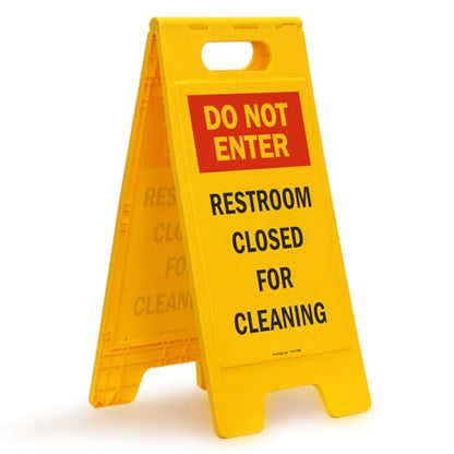 SmartSign 25 x 12 inch “Do Not Enter - Restroom Closed For Cleaning” Two-Sided Folding Floor Sign, Plastic, Red, Black and Yellow - color: Plastic Sign