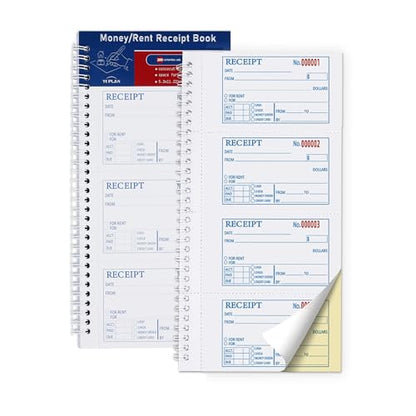 Receipt Book with Carbon Copies,Money and Rent Receipt Book,2-Part Carbonless,5.31" x 11.22",Spiral Bound,200 Sets per Book,4 Receipts per Page. - size: 5.31x11.22 inches, style: 1Pc-2Part