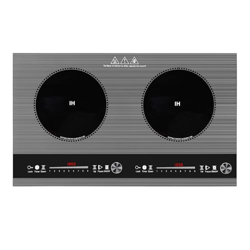 2 burner induction cooktop,110V 3000W 2 burner induction plate with Brushed Panel LED Knob Control, induction stove top with 9 Power Levels, Kids Lock & Timer,24 Inch double induction cooktop - size: 2 Burner induction Cooktop