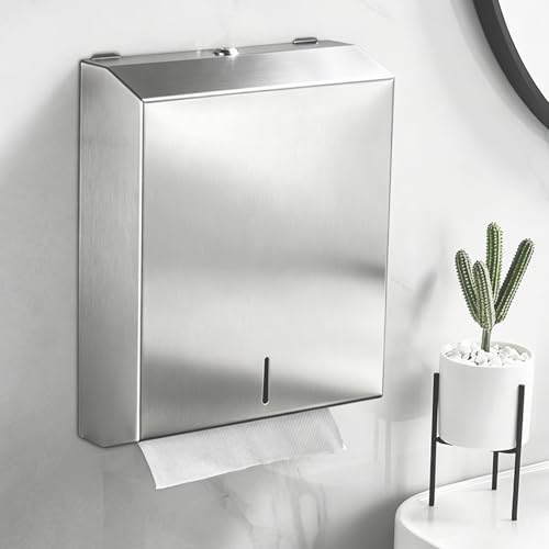Comercial Paper Towel Dispenser Wall Mount, Brushed Stainless Steel Hand Towel Dispenser with Lock, Large Capacity 400 C-Trifold Multifold Paper Towel Holder for Bathroom Kitchen Office Public Places