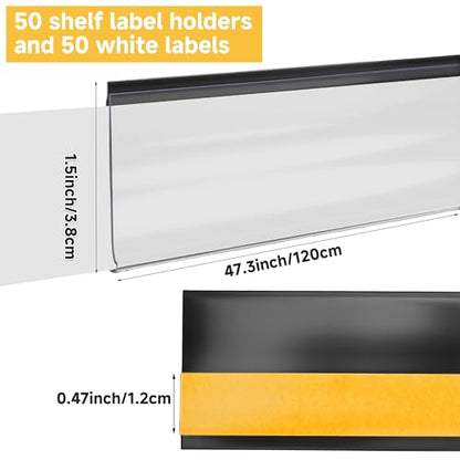 50 Pcs Shelf Label Strips, 1.5" x 48" Self Adhesive Label Holder, Black - color: black