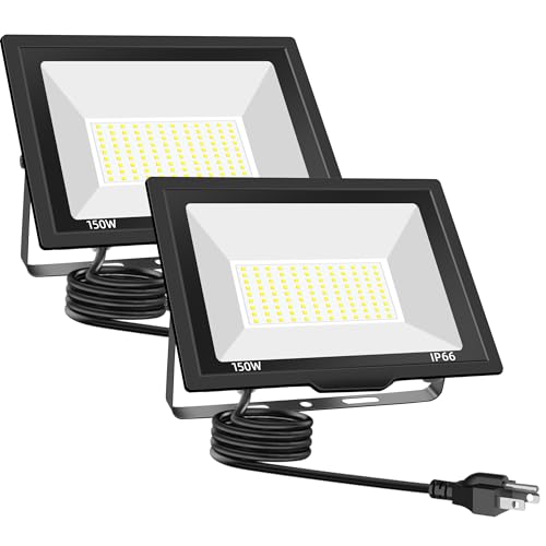 150W LED Flood Lights Outdoor, 18000LM Bright Work Light with 5FT Plug, IP66 Waterproof Exterior Security Lights, 6500K Daylight White Outside Floodlights for Garage Yard Garden, 2 Pack - size: 150w-2pack