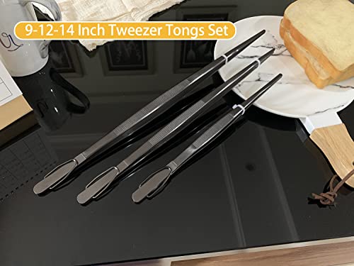 JETKONG 9 12 14 Inch Extra Long Kitchen Tweezers Heavy Duty Stainless Steel Cooking Tweezers, Set of 3 (Point Tips, Black) - color: Black, size: Point Tip-9 12 14