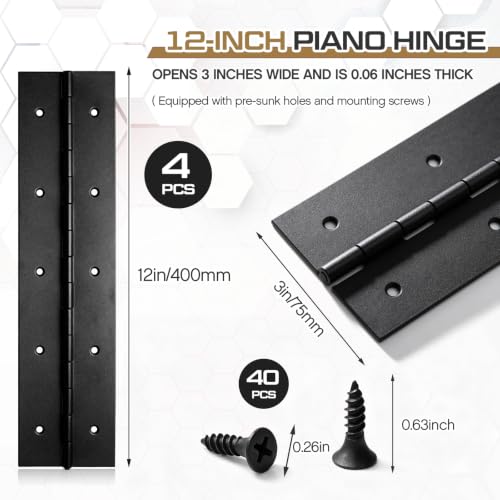 Zonon 4 Pack Heavy Duty Piano Hinge 12'' x 3'' Width 0.060'' Thick, Black - color: Black, size: 12''