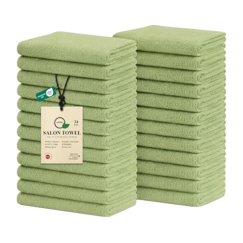 Salon Towels – Pack of 24 (16"x27") 100% Cotton Ring Spun (Not Bleach Proof) Ultra Soft, Highly Absorbent Hand Towels – Bulk for Spa, Gym & Salon (Sage Green) - color: Sage Green