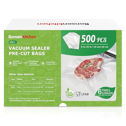 Bonsenkitchen Precut Vacuum Sealer Bags, 500 Pint 6" x 9" Food Sealer Bags - size: 6" x 9" 500pcs