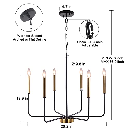 Modern Farmhouse Chandelier for Dining Room, 6 Lights Chandelier Light Fixture Adjustable Height, Black and Gold Hanging Candle Pendant Lighting for Kitchen Island Living Room Bedroom Foyer - color: 6 Light-Black Gold