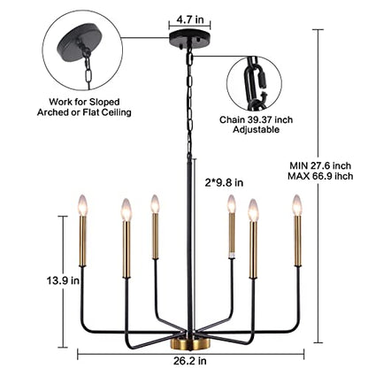 Modern Farmhouse Chandelier for Dining Room, 6 Lights Chandelier Light Fixture Adjustable Height, Black and Gold Hanging Candle Pendant Lighting for Kitchen Island Living Room Bedroom Foyer - color: 6 Light-Black Gold