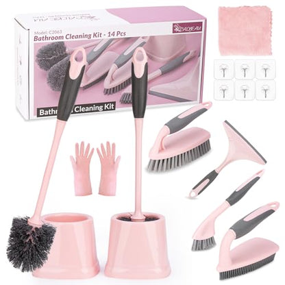 CALBEAU Pink Toilet Brush and Holder Set, 14 PCS Bathroom Cleaning Kit