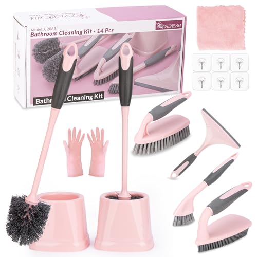 CALBEAU Pink Toilet Brush and Holder Set, 14 PCS Bathroom Cleaning Kit