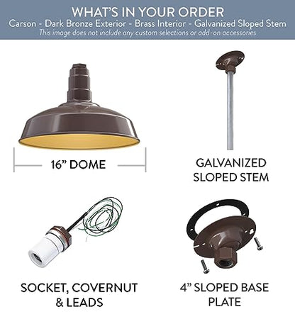 12" Sloped Stem Barn Light Pendant 16" Dome | Garage | Dark Bronze/Brass - color: Dark Bronze with Brass Interior, size: 12" Sloped Stem