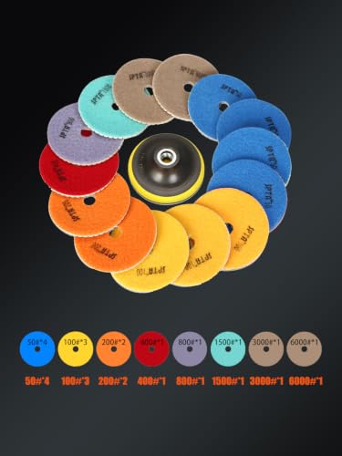 SPTA 15pcs Diamond Wet Polishing Pads Set, 4 inch, White, 50#-6000#, For Granite, Concrete, Marble, Stone, Tiles, With Floor Grinder or Polisher