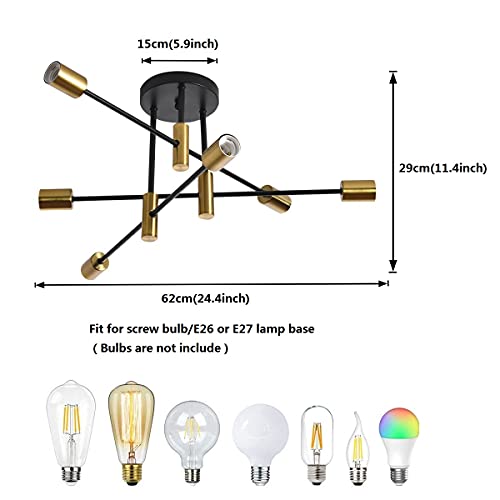 Garwarm Ceiling Light Fixture, 6-Lights Black and Gold Mid Century Semi Flush Mount Ceiling Light,Modern Sputnik Chandelier for Kitchen Dining Room Bedroom Entryway Hallway - color: 6-Lights,Black and Gold