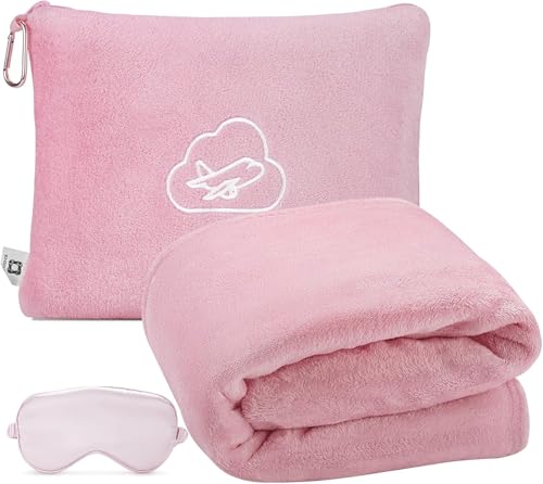 Travel Blanket Pillow,Airplane Blanket Compact with Bag Eye Mask, Ultra-Soft,Warm & Lightweight Included,Travel Essentials for Women & Men, Luggage Sleeve & Backpack Clip 65x40 in, Pink - color: Pink