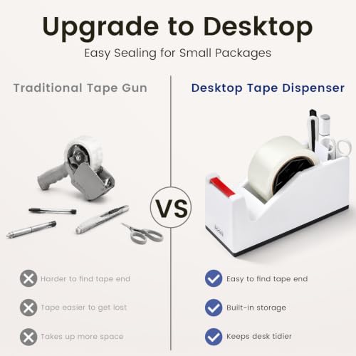 Sooez Weighted Tape Dispenser, Aesthetic Packing Tape Dispenser Desk, with Storage Compartment, Super Heavy Duty Tape Holder, Fit 1.88" to 2" Wide Tape, Tape Cutter Packing Shipping Supplies