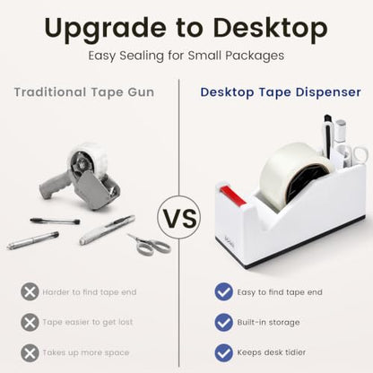 Sooez Weighted Tape Dispenser, Aesthetic Packing Tape Dispenser Desk, with Storage Compartment, Super Heavy Duty Tape Holder, Fit 1.88" to 2" Wide Tape, Tape Cutter Packing Shipping Supplies