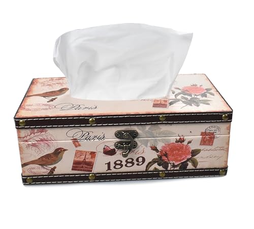 Wood Tissue Box Cover with PU Leather & Vintage Pattern - Rectangle Decorative Tissue Holder for Home, Car, Office, Bathroom, Desk - Fits Standard Medium Tissues with Lid (1898 Rose) - color: 1898 Rose