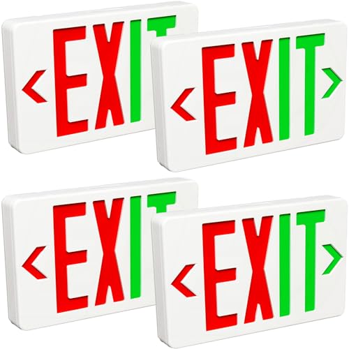 Red/Green LED Exit Sign, Commercial Emergency Exit Light with Battery Backup, Double Face, UL 924 Qualified, AC 120/277V, Hardwired Red Letter Sign Lights for Business Indoor (4-Pack) - size: 4-Pack
