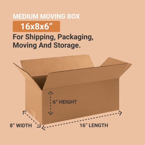 BOX USA 1686 Long Corrugated Cardboard Box 16" L x 8" W x 6" H, Kraft, For Shipping, Packing and Moving (Pack of 25)