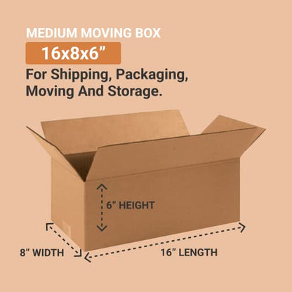 BOX USA 1686 Long Corrugated Cardboard Box 16" L x 8" W x 6" H, Kraft, For Shipping, Packing and Moving (Pack of 25)
